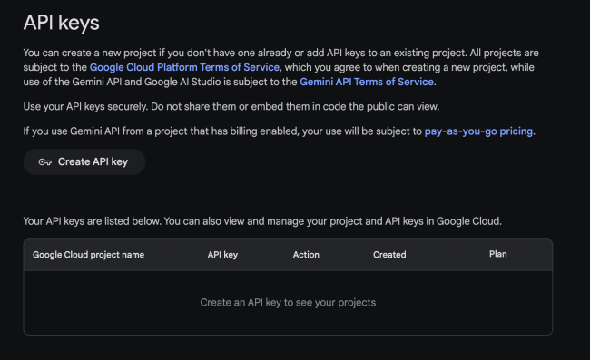 Google AI Studio Create API Key button